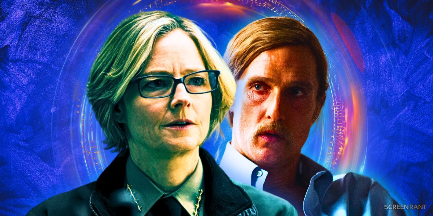 Jodie Foster as Liz Danvers in True Detective Night Country, wearing a police jacket and glasses, and Matthew McConaughey as Rust Cohle in True Detective season 1 wearing a blue shirt, with a blue background