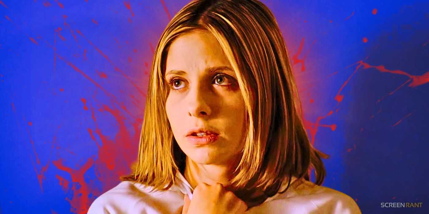 Sarah Michelle Gellar as Buffy Summers in Buffy the Vampire Slayer, with a blue background with blood splatters