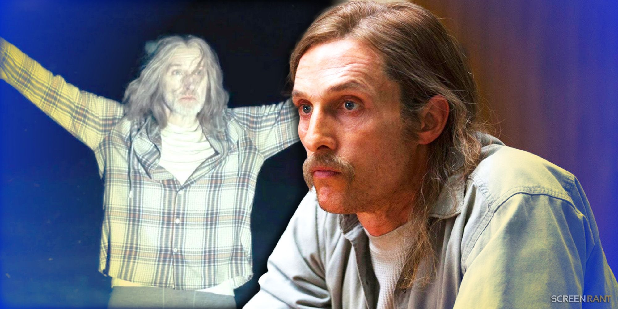 Travis Cohle with arms outstretched in True Detective Night Country, and Matthew McConaughey as Rust Cohle with long hair and mustache in True Detective season 1