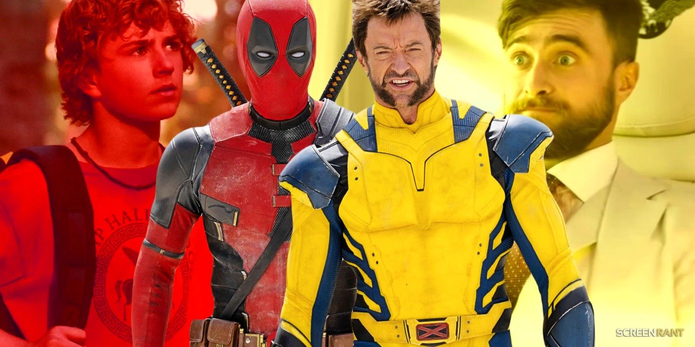 Walker Scobell next to Ryan Reynolds' Deadpool in red and Daniel Radcliffe next to Hugh Jackman's Wolverine in yellow