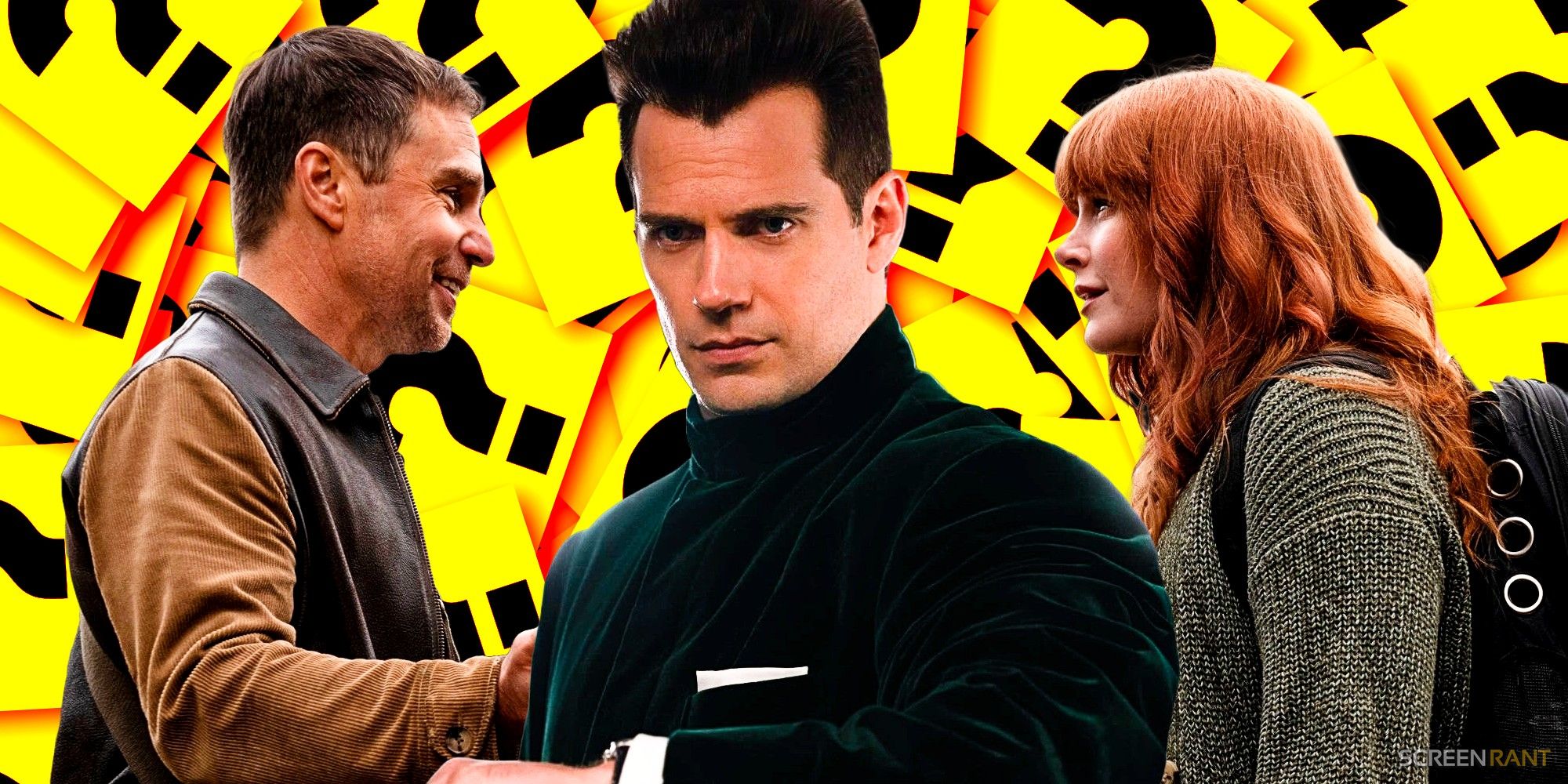 Sam Rockwell as Aidan, Henry Cavill as Argylle, and Bryce Dallas Howard as Elly Conway in Argylle with question marks behind them