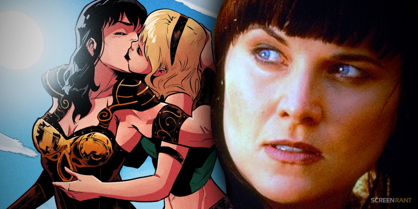 Lucy Lawless next to Xena and Gabrielle Kissing in Comic Book Art