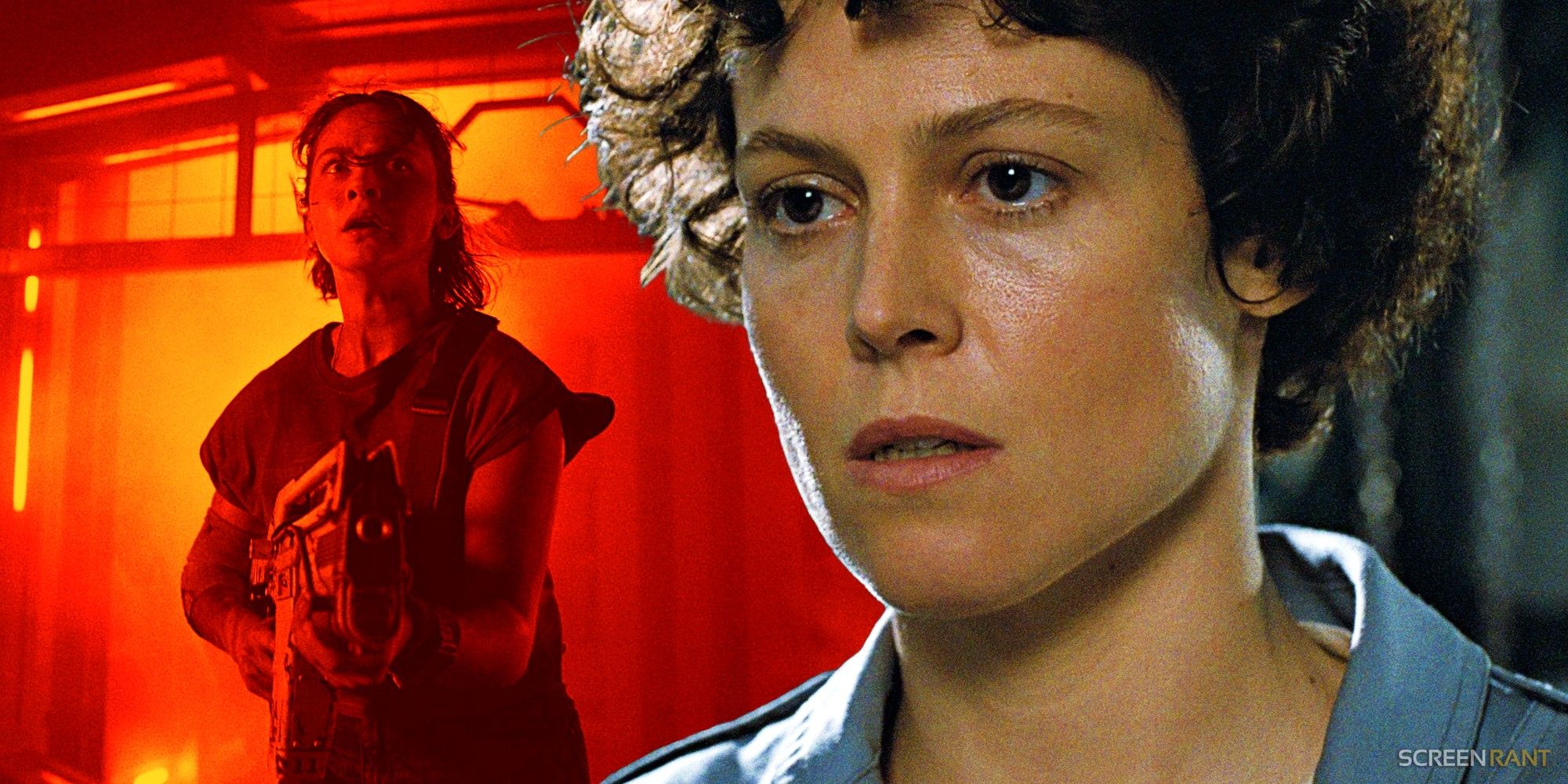 Cailee Spaeney in Alien: Romulus and Sigourney Weaver as Ellen Ripley in Aliens