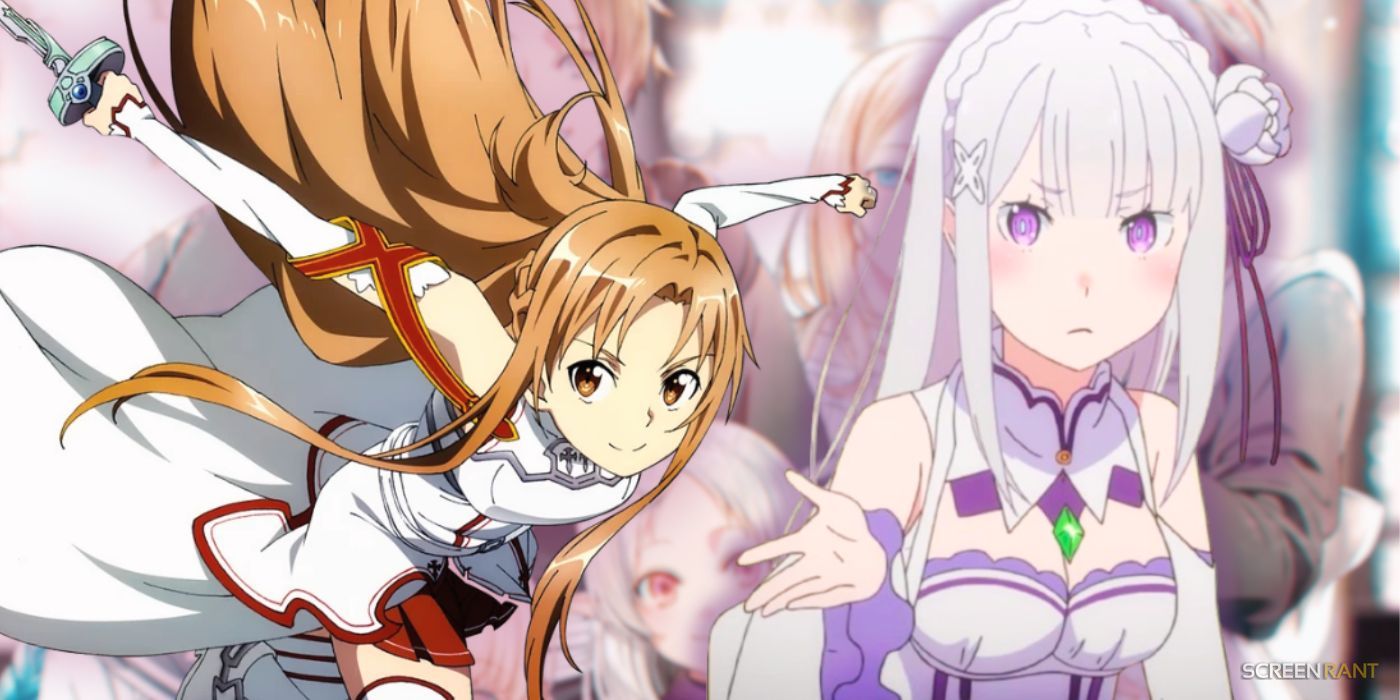 An edited collage style image featuring the cover art from the final volume of the Mushoku Tensei light novel, Asuna from Sword Art Online and Emilia from ReZero