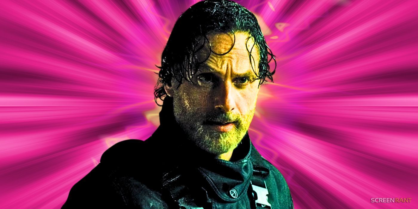 Andrew Lincoln as Rick Grimes in The Walking Dead: The Ones Who Live on a pink background.