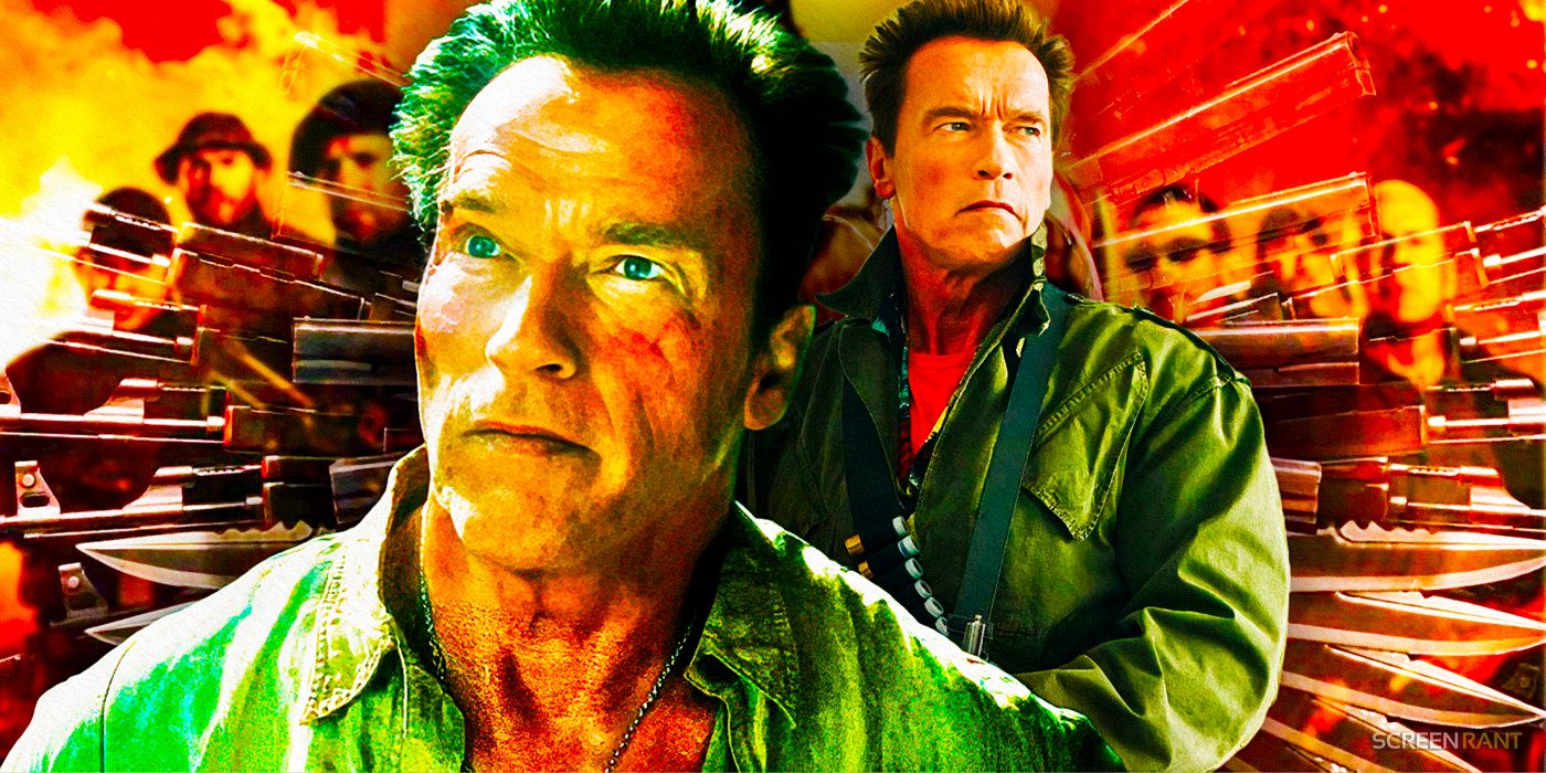 Arnold Schwarzenegger as Trench from The Expendables 2 against a poster of the rest of the cast