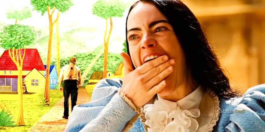 Beau Is Afraid background and Emma Stone as Bella in Poor Things.