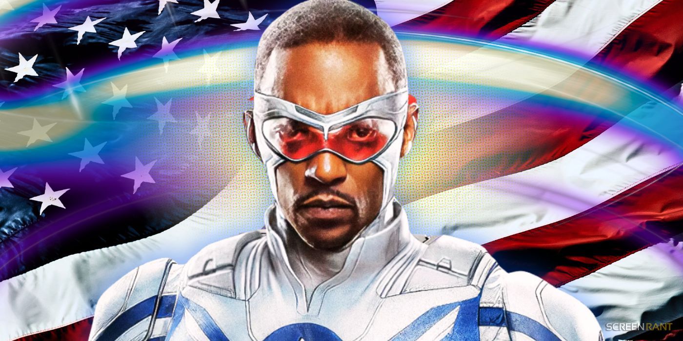 Anthony Mackie's Captain America in front of the United States flag