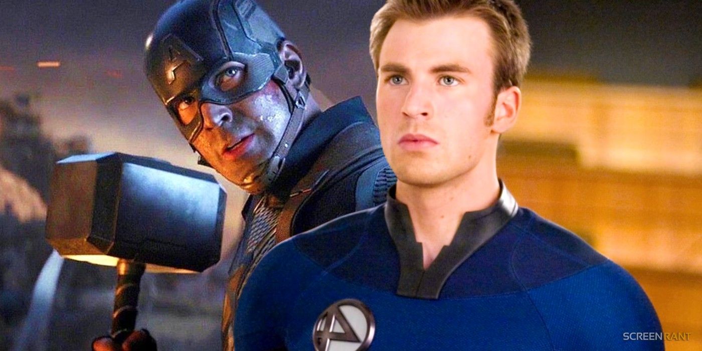 Chris Evans as Captain America looking hurt and as the Human Torch looking irritated