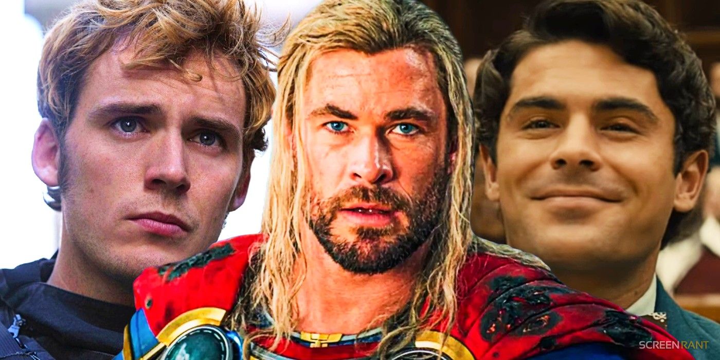 Chris Hemsworth as Thor, Sam Claflin in The Hunger Games, and Zac Efron as Ted Bundy