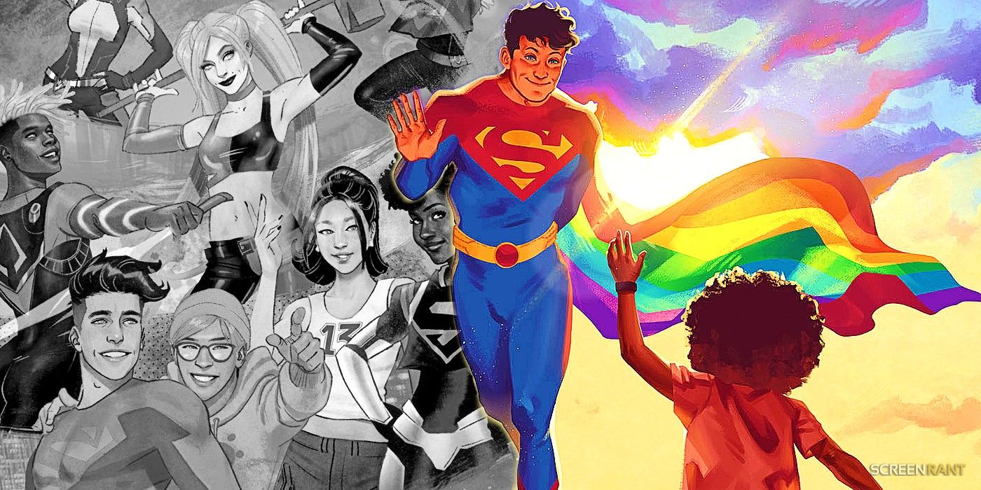 Comic book art: Superman waving at a young person while wearing a Pride flag cape. Behind him is a black-and-white image of other queer superheroes from DC Comics