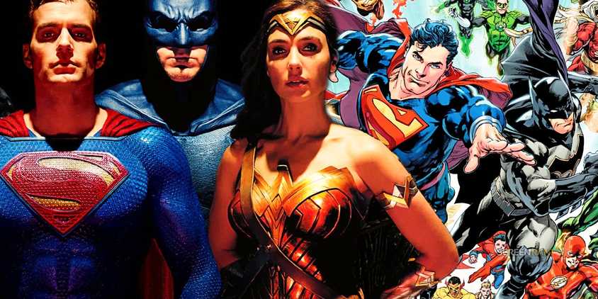 DCEU Superman, Batman, and Wonder Woman next to many heroes from DC Comics