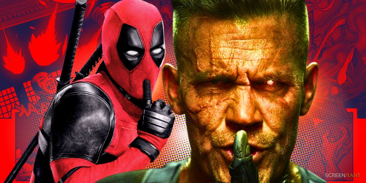Deadpool 2 shots of Ryan Reynolds' Deadpool and Josh-Brolin's Cable with a finger on their mouth in front of a comic book backdrop