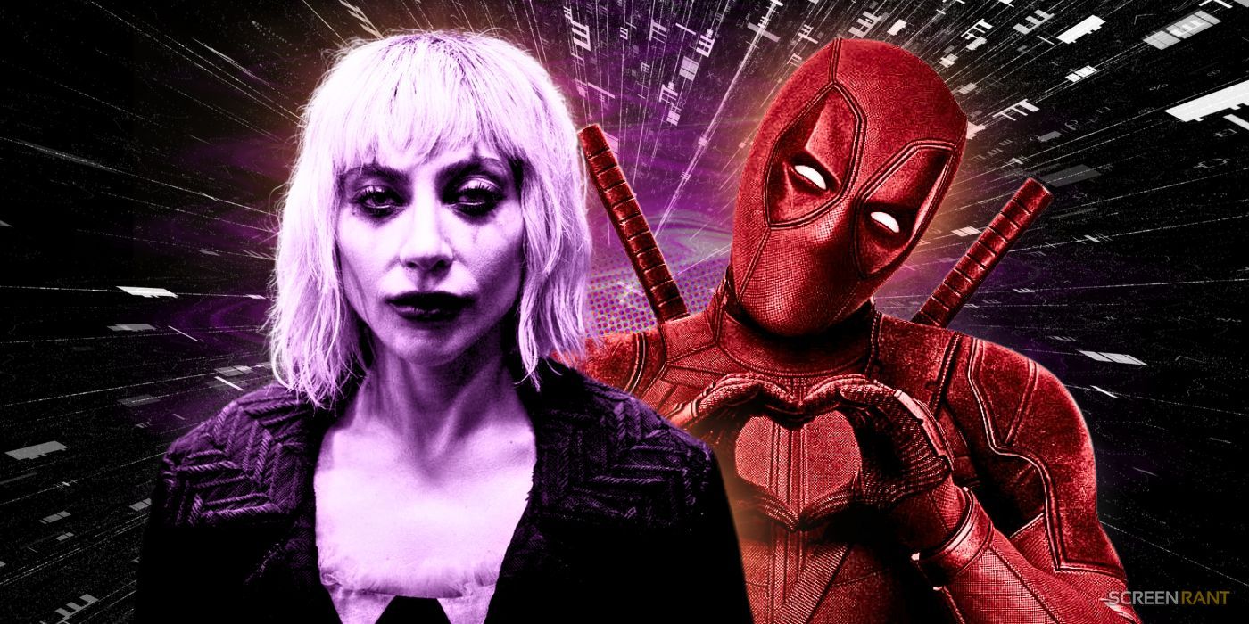 Lady Gaga's Harley Quinn looking sad in purple and Ryan Reynolds' Deadpool making a heart with his hands in red