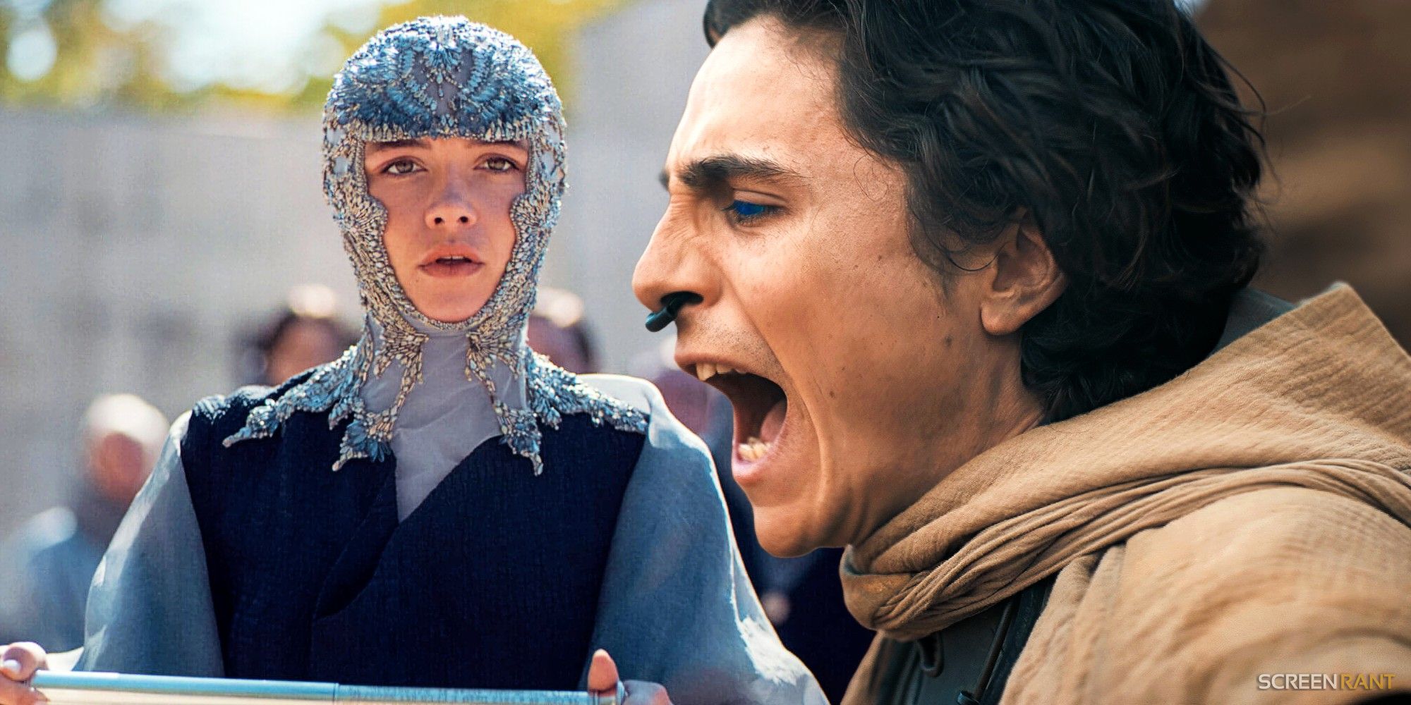 Princess Irulan (Florence Pugh) holding a scroll and Paul Atreides (Timothée Chalamet) yelling in Dune 2