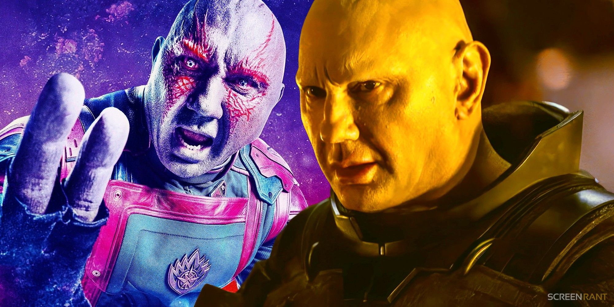Dave Bautista as Drax in Guardians of the Galaxy 3 and Rabban in Dune: Part Two