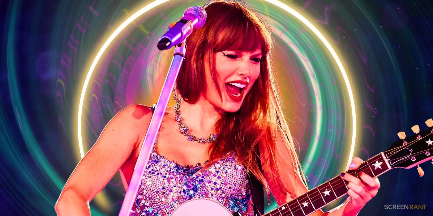 Taylor Swift playing guitar during The Eras Tour