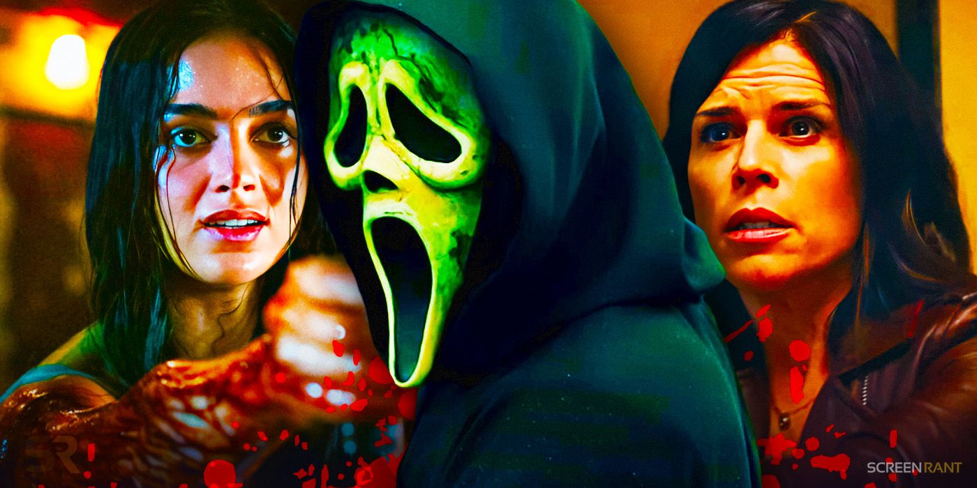 Melissa Barrera as Sam, Ghostface, and Neve Campbell as Sidney in Scream 5