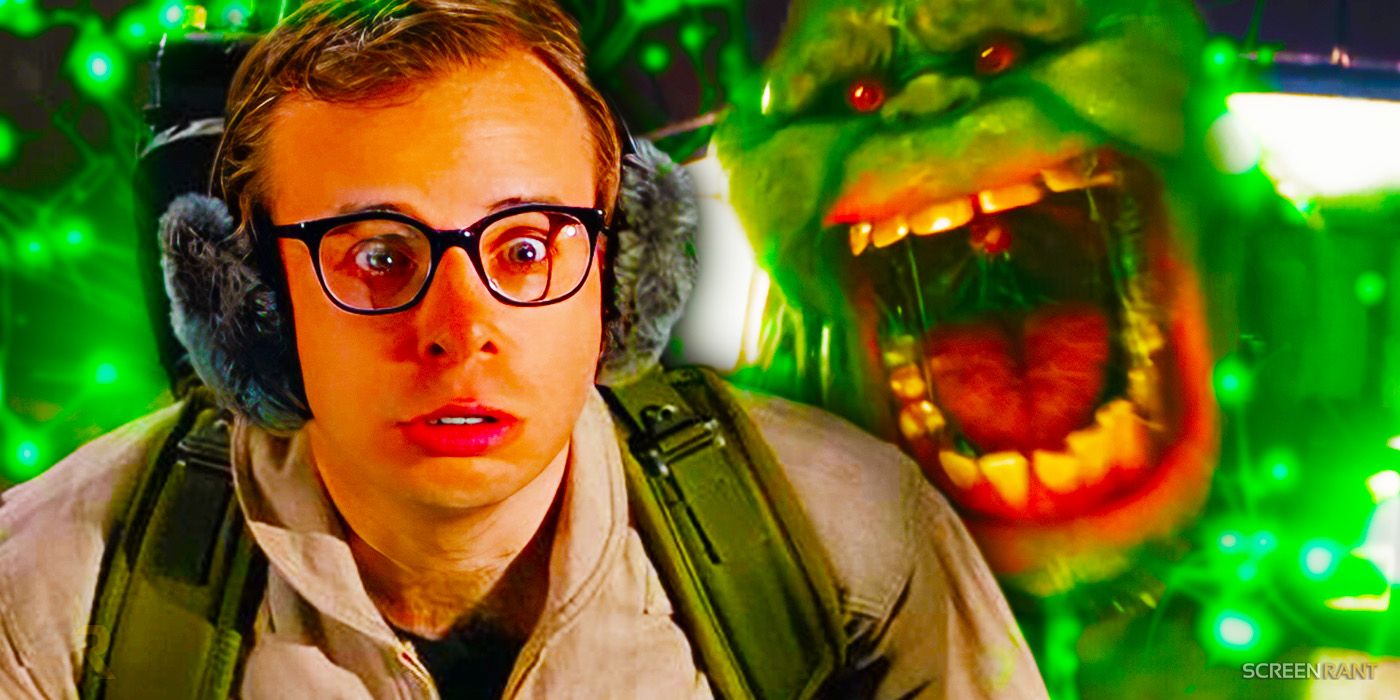 Rick Moranis' Louis Tully wears a Ghostbusters uniform and looks surprised in Ghostbusters 2 while Slimer attacks the camera in Ghostbusters: Frozen Empire