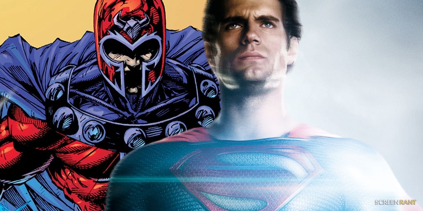 Marvel Comics' Magneto standing behind Henry Cavill's Superman looking seriously