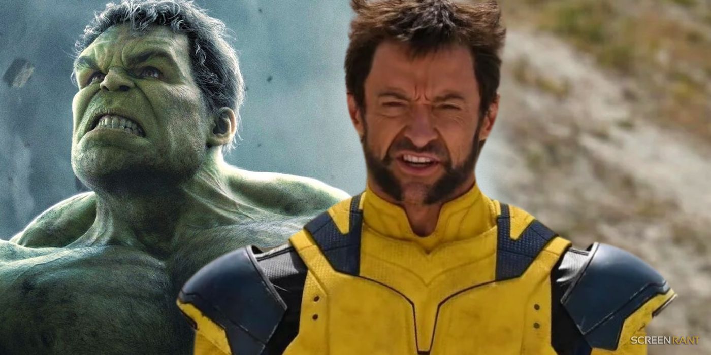 Mark Ruffalo's Hulk grunting on the left with Hugh Jackman's Wolverine looking into the distance