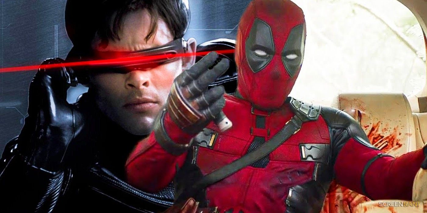 James Marsden's Cyclops using his optic beams and Ryan Reynolds' Deadpool sitting in a bloody car in the Deadpool & Wolverine trailer