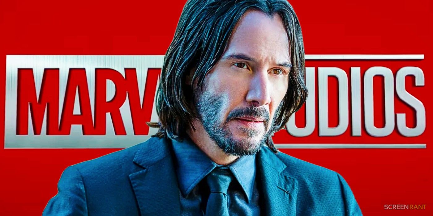Keanu Reeves as John Wick in front of the Marvel Studios logo