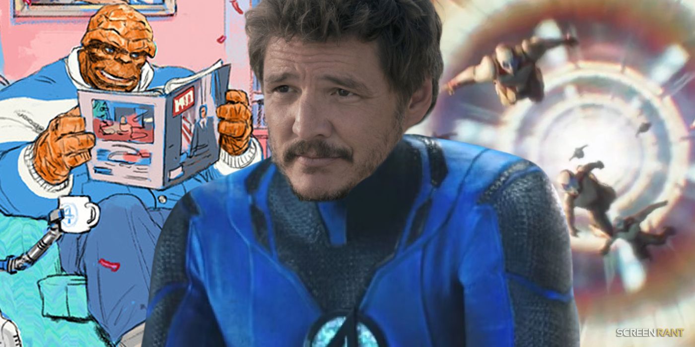 Pedro Pascal as Fantastic Four's Reed Richards with The Thing on the left and time-traveling Avengers on the right
