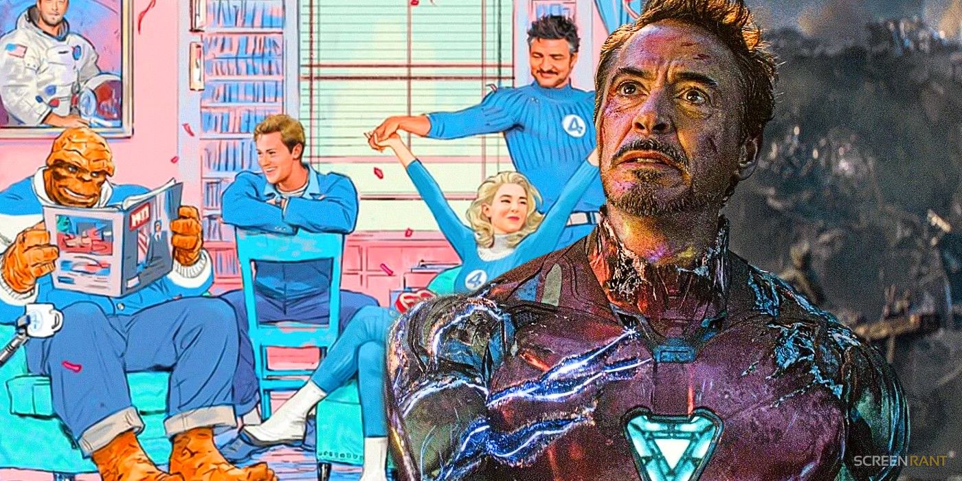 MCU Fantastic Four cast announcement art and RDJ's Iron Man in Avengers: Endgame
