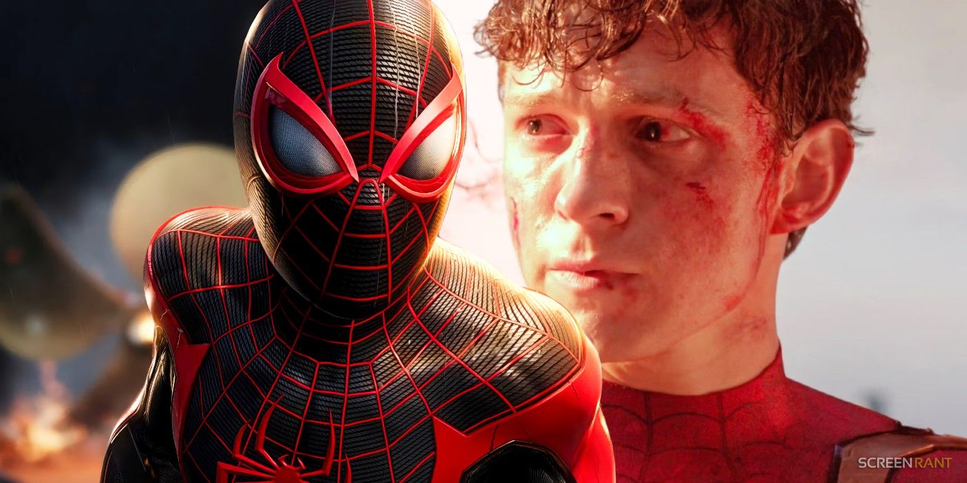 Miles Morales from Spider-Man 2 PS5 and Tom Holland's Peter Parker crying in Spider-Man: No Way Home