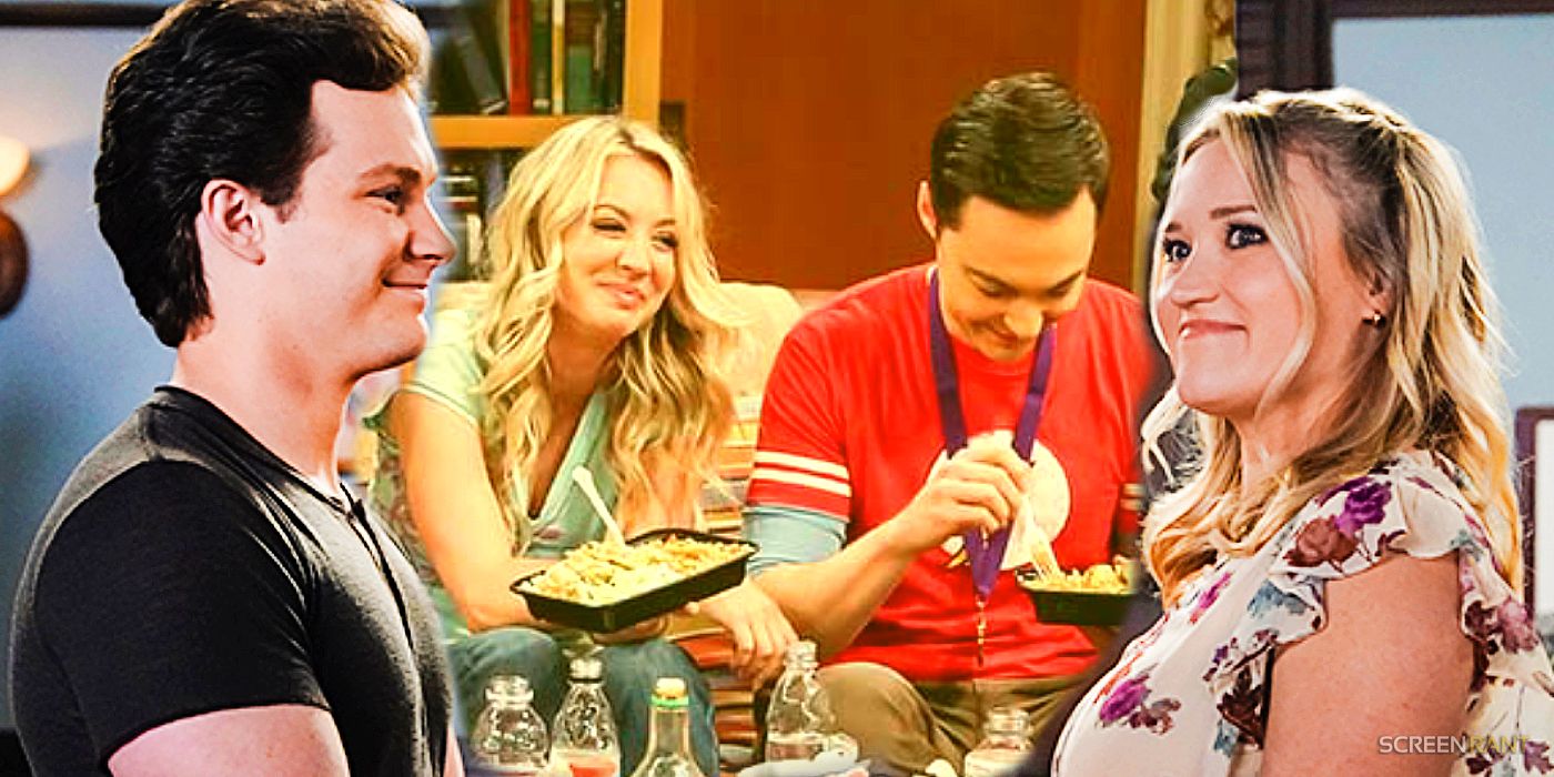 Montana Jordan and Emily  Osment as Georgie and Mandy in Young Sheldon and Kaley Cuoco and Jim Parsons as  Penny and Sheldon in The Big Bang Theory