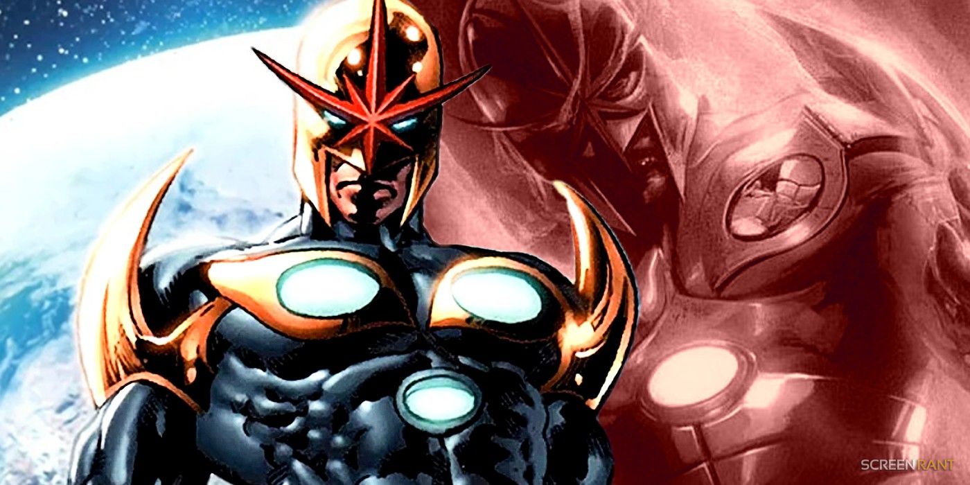 Nova in Marvel Comics in color and with a red hue and broken costume