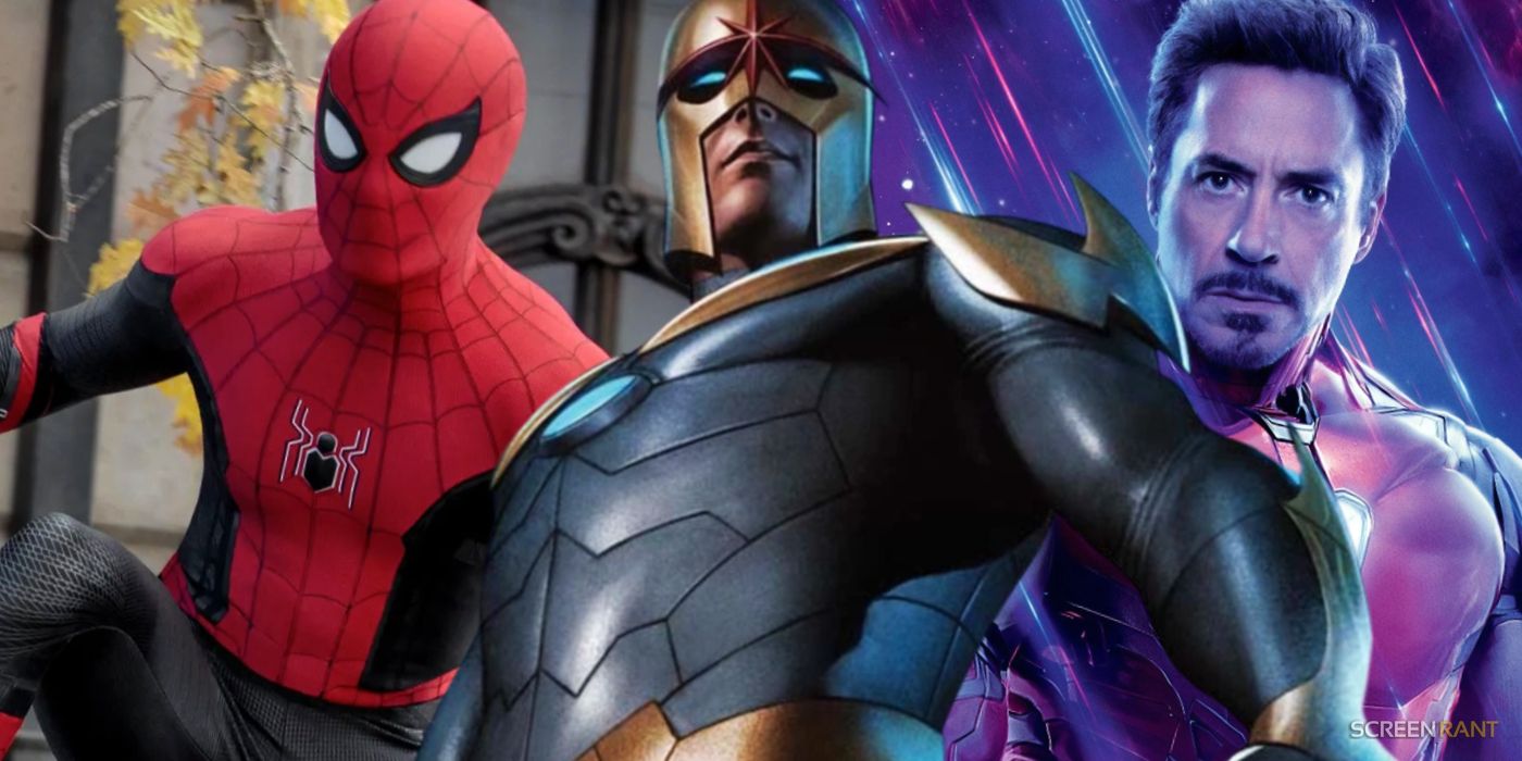 Marvel Comics' Nova with Tom Holland's Spider-Man on the left and Robert Downey Jr.'s Iron Man on the right