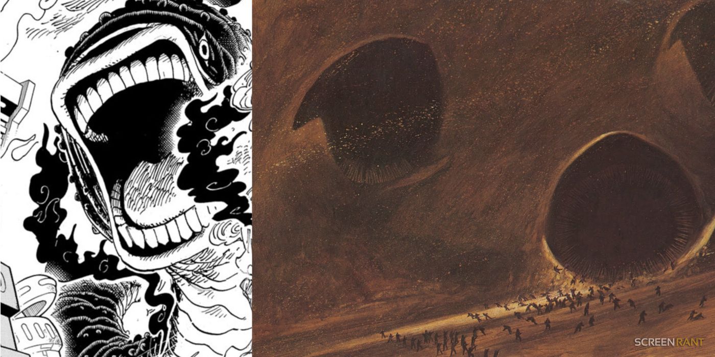 Image of One Piece Sandworm Elder Peter from manga chapter 1110 next to art of Sandworms for the Dune novels, art by John Schoenherr.