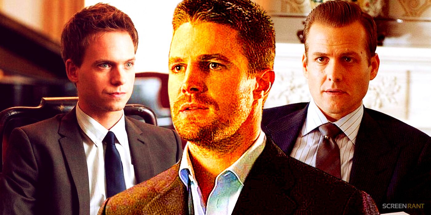 Patrick J. Adams como Mike e Gabriel Macht como Harvey em Suits com Stephen Amell