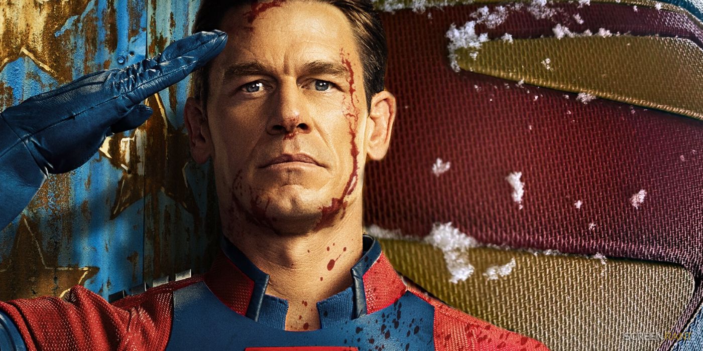 John Cena as Peacemaker with the new Superman logo from James Gunn's DC Universe reboot