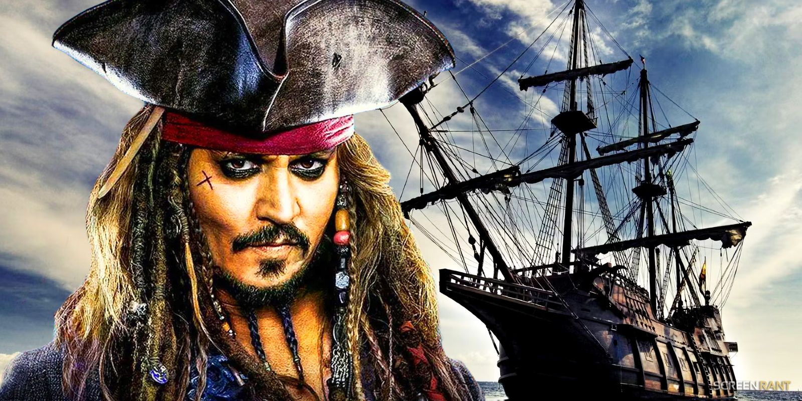 Johnny Depp como Jack Sparrow nos filmes Piratas do Caribe ao lado do navio Pérola Negra