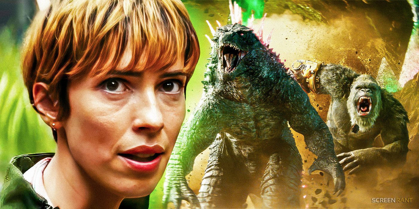 Rebecca Hall as Ilene Andrews looking surprised alongside Godzilla and Kong running into battle from Godzilla x Kong: The New Empire