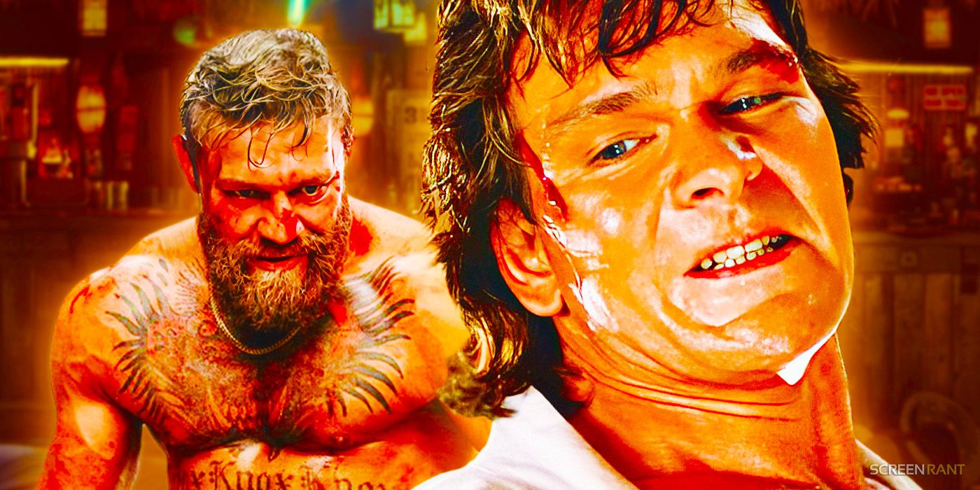 A bloodied Knox (Conor McGregor) from Road House 2024 alongside Patrick Swayze's angry Dalton from Road House 1989