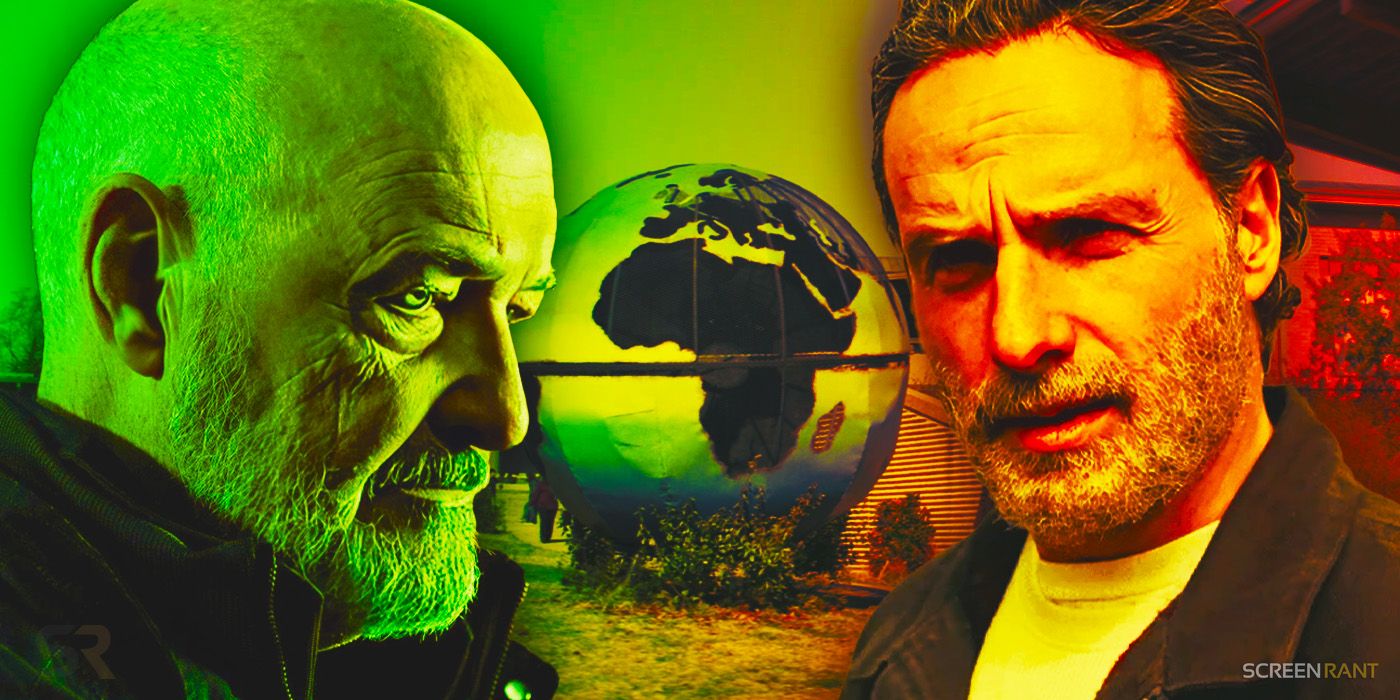 Terry O Quinn as Major General Beale, Andrew Lincoln as Rick, and a CRM globe in The Walking Dead.