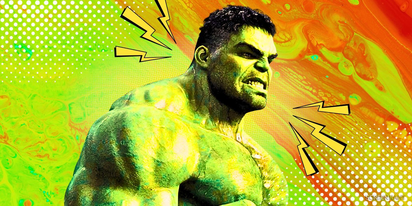 Mark Ruffalo's Hulk against a green and orange comic book-like background