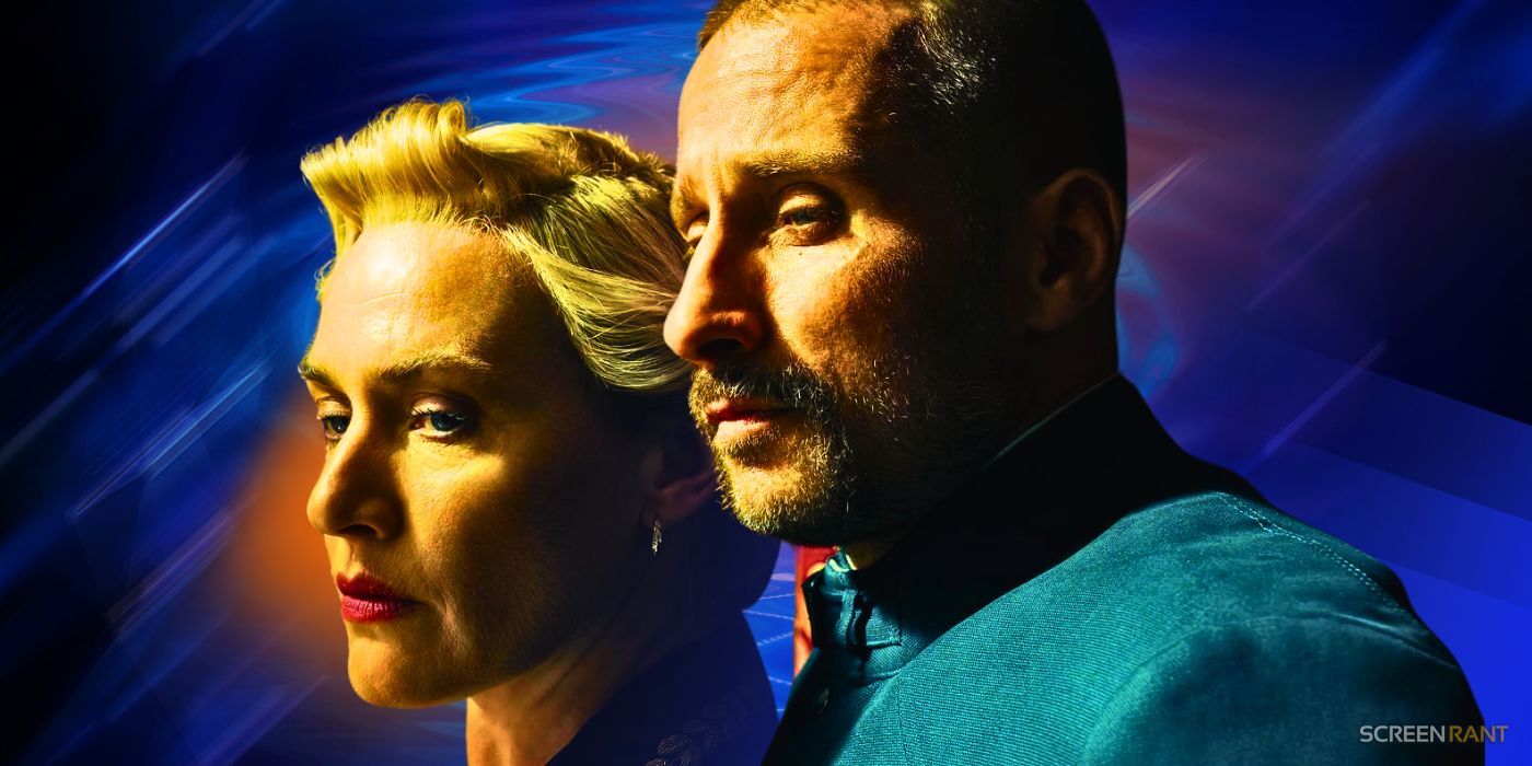 Kate Winslet as Chancellor Vernham and Matthias Schoenaerts as Zubak standing beside each other in The Regime