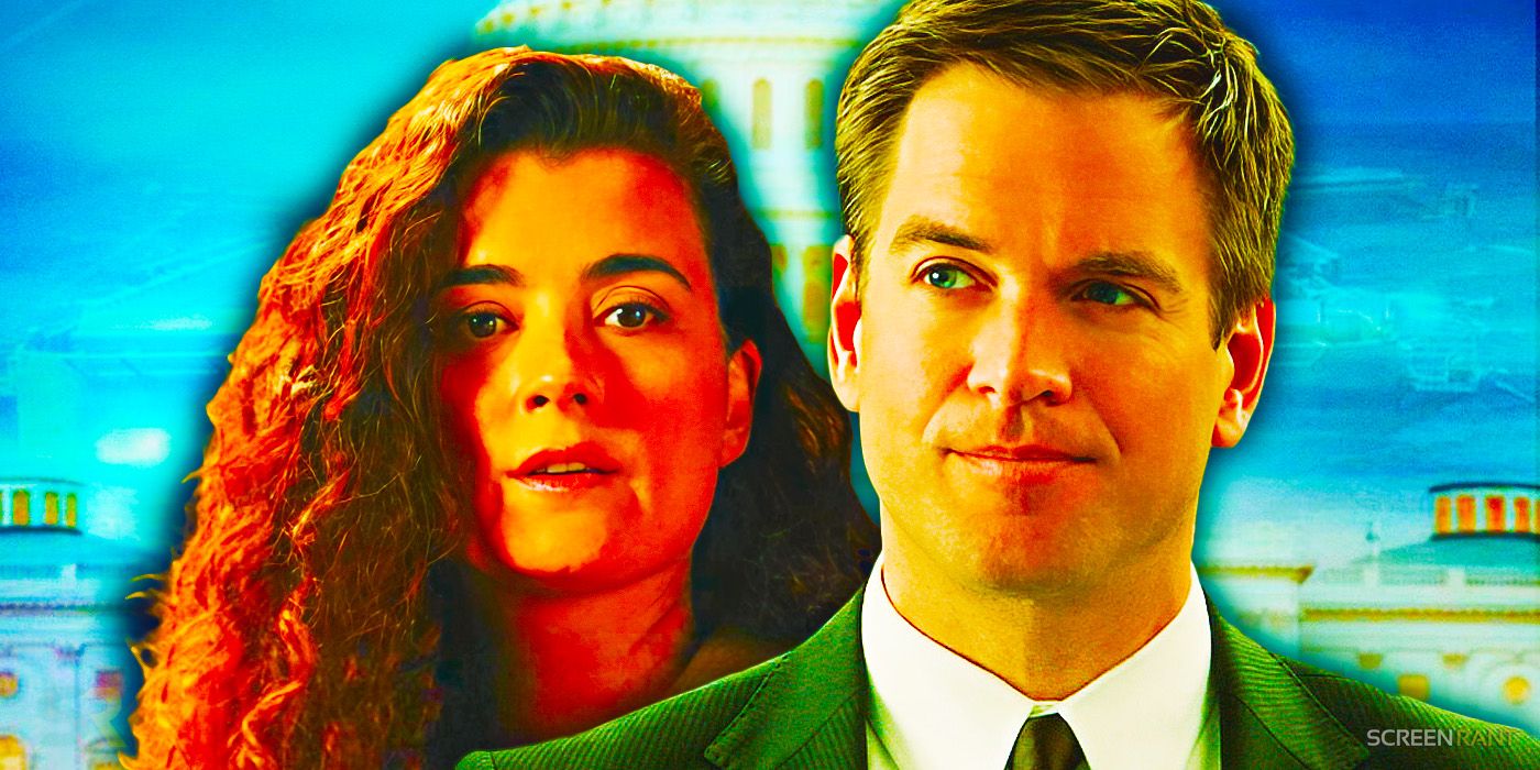Cote de Pablo as Ziva and Michael Weatherly as DiNozzo in NCIS against a green background
