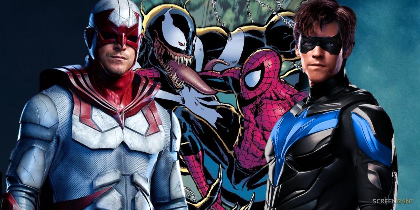 Titans actors Alan Ritchson and Brenton Thwaites as Hawk and Nightwing with Spider-Man fighting Venom behind them