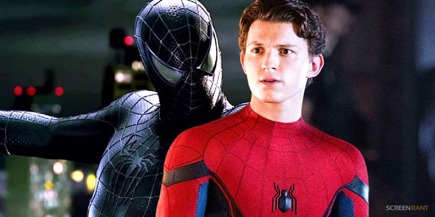 Tobey Maguire's black suit Spider-Man from Spider-Man 3 and Tom Holland's unmasked Peter Parker from Spider-Man: Homecoming