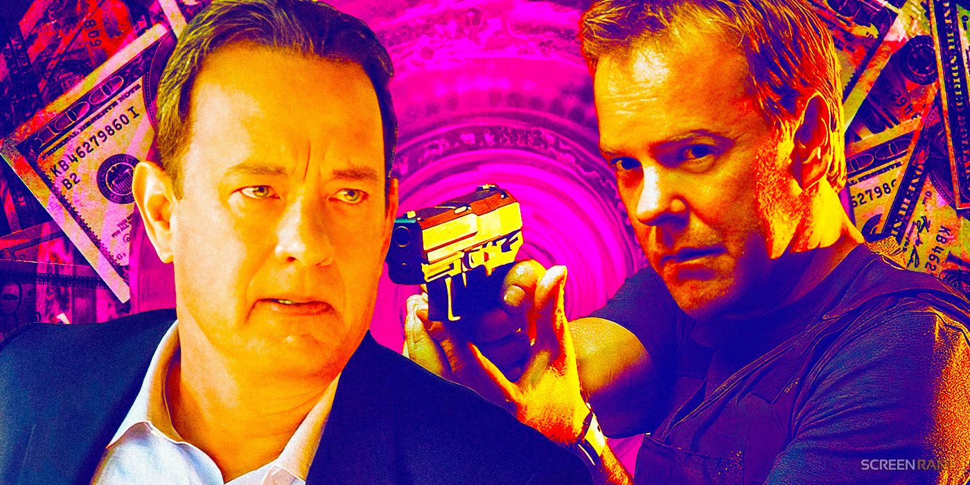 Tom Hanks as Robert Langdon looking intense in Inferno with Kiefer Sutherland's Jack Bauer holding a gun in 24, against a backdrop of money