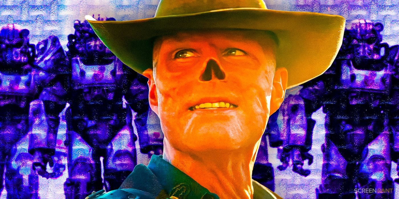 Walton Goggins as The Ghoul from Fallout show in front of power armor