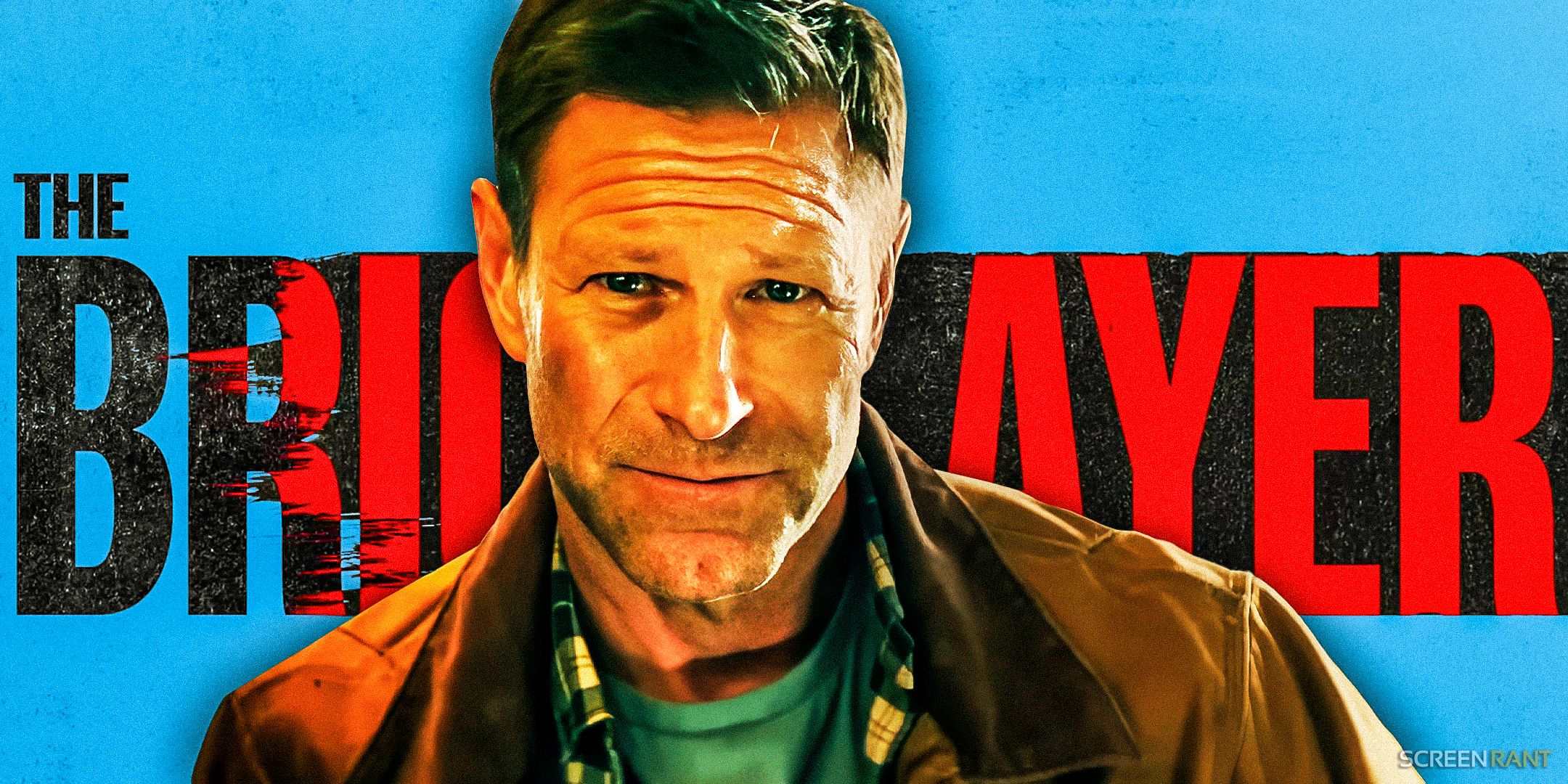 Aaron Eckhart as Steve Vail against The Bricklayer title backdrop
