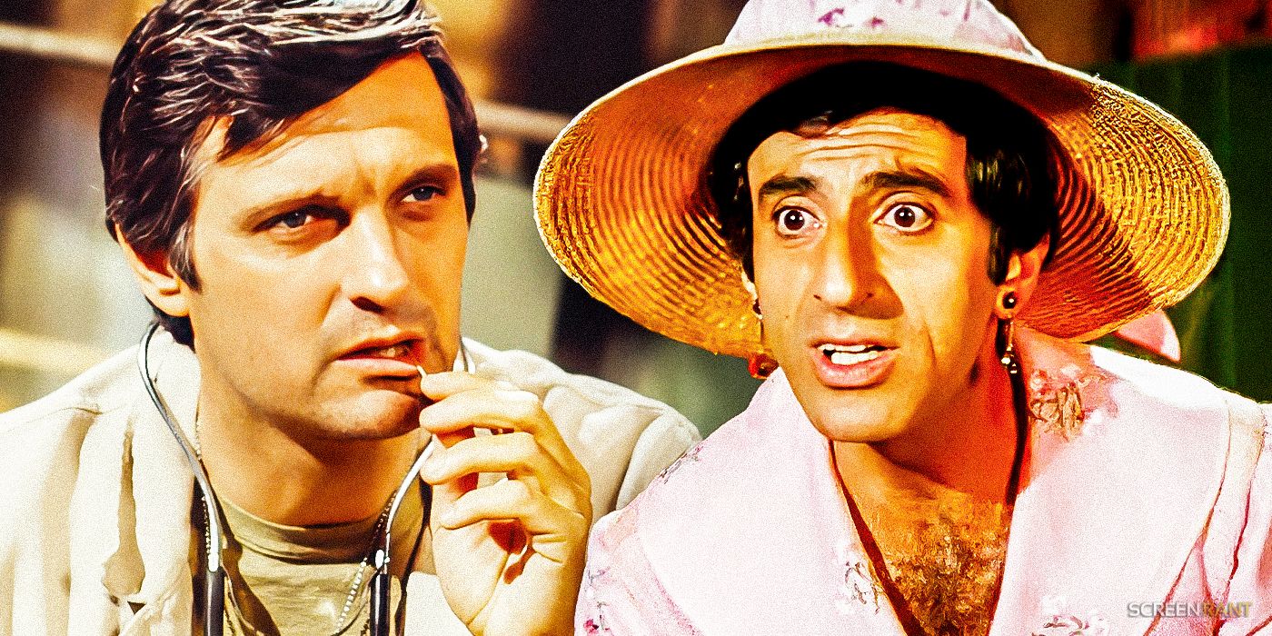 Alan Alda chewing a matchstick as Hawkeye and Jamie Farr as Klinger wearing a dress in MASH