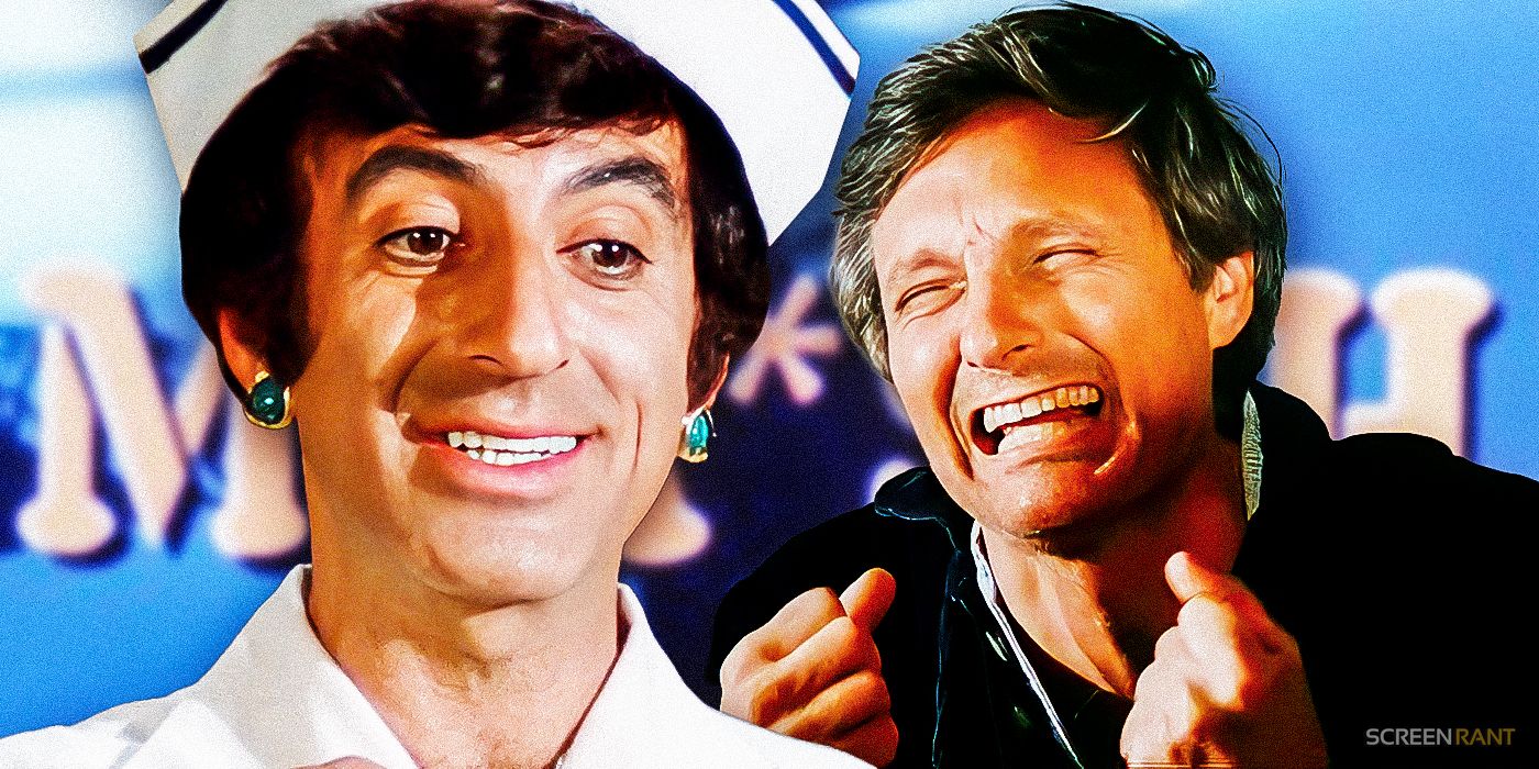 Jamie Farr's Klinger wearing a nurse's outfit and Alan Alda's Hawkeye crying in MASH